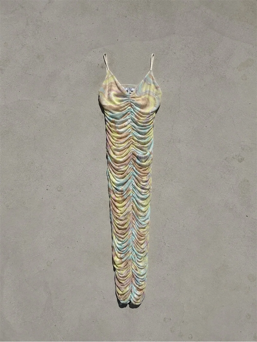 AFRM Pastel Watercolor Ruched Mesh Maxi Dress
